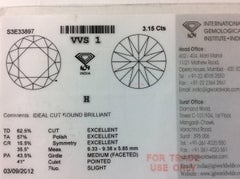 Solitaire Ring 3.15 Carat H Color VVS1 Triple EX Diamond IGI Certified