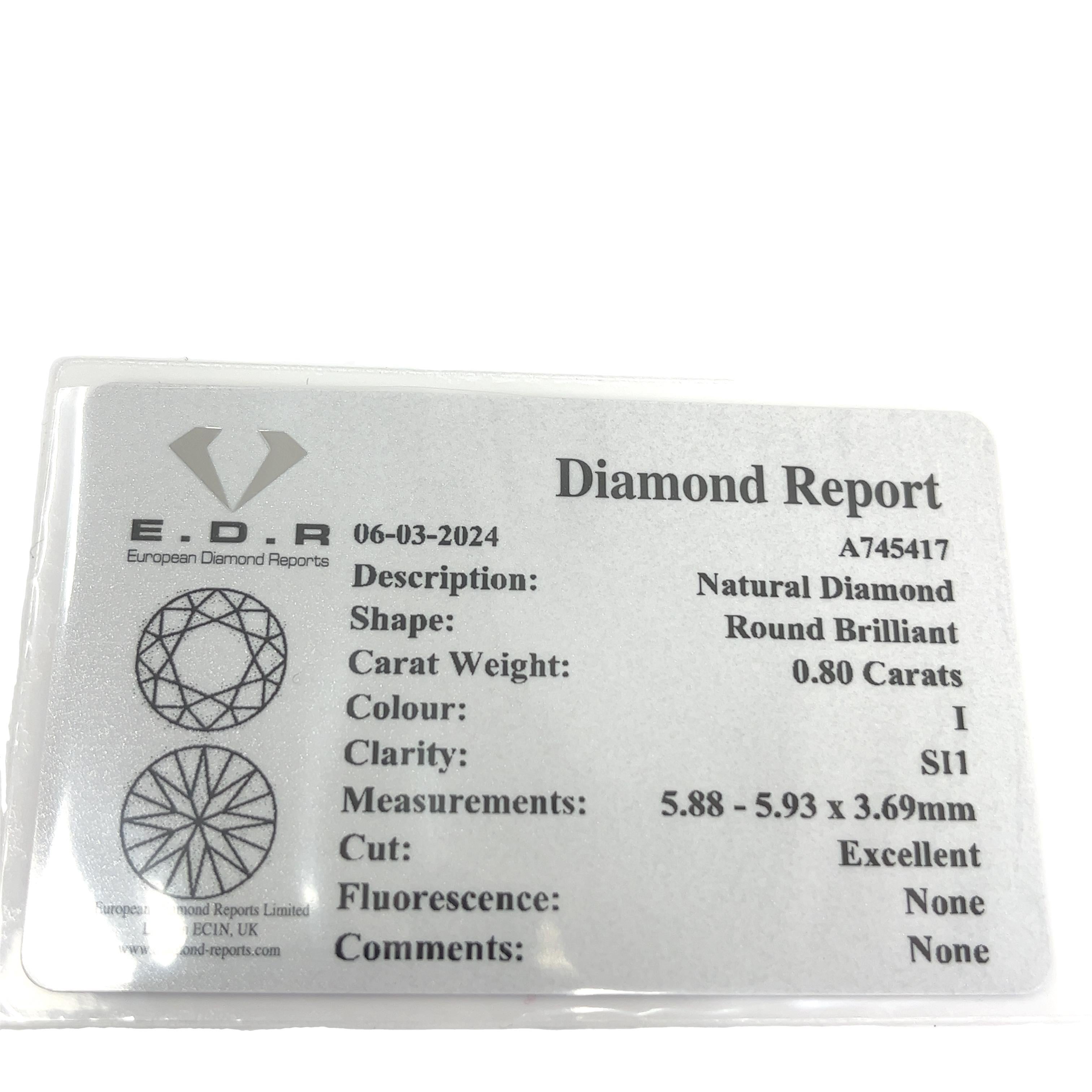 Round Cut Diamond Solitaire Ring Set With 0.80ct Round Brilliant Cut Diamond For Sale