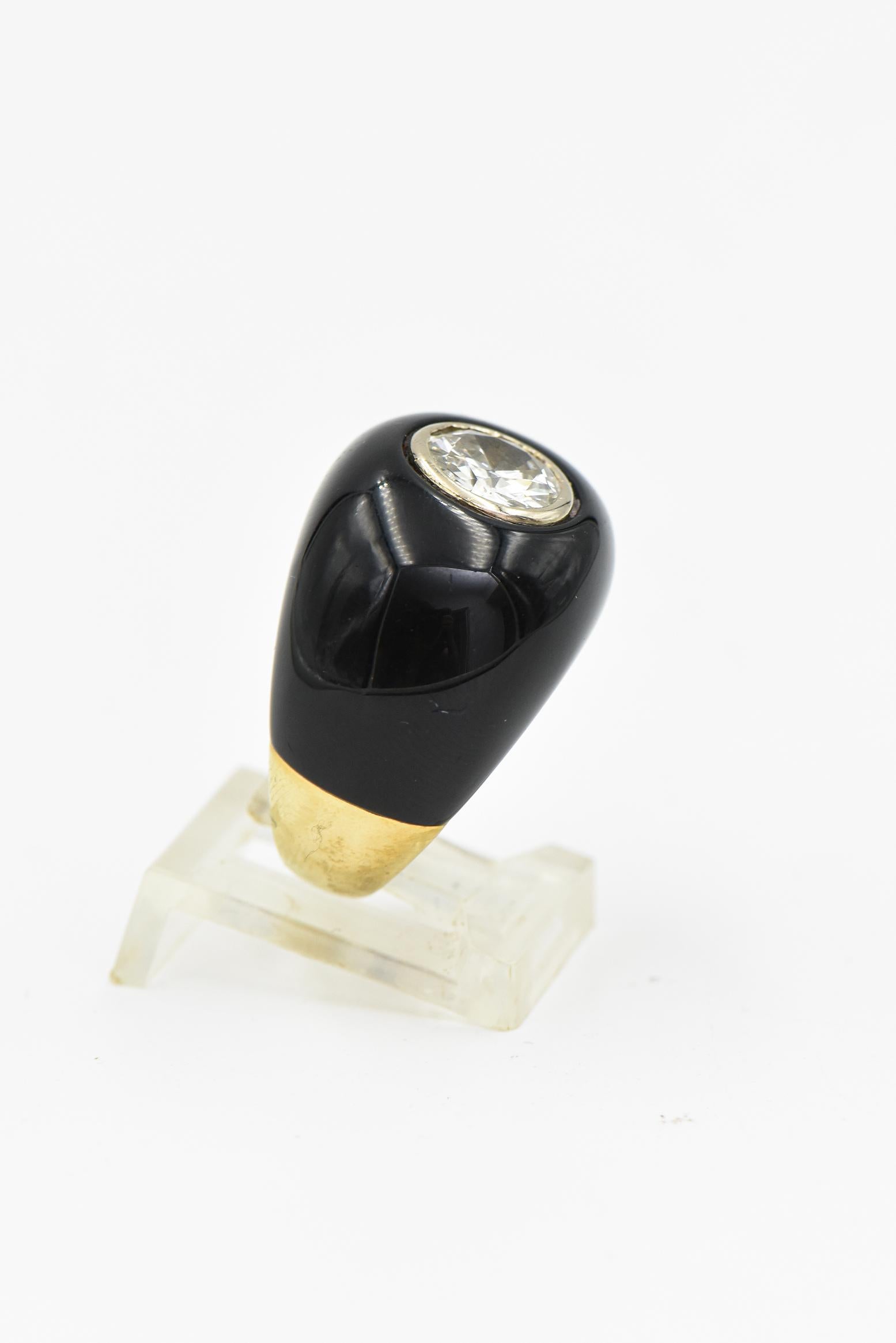 Diamant- Solitär-Ring aus Onyx und Gelbgold für Damen oder Herren