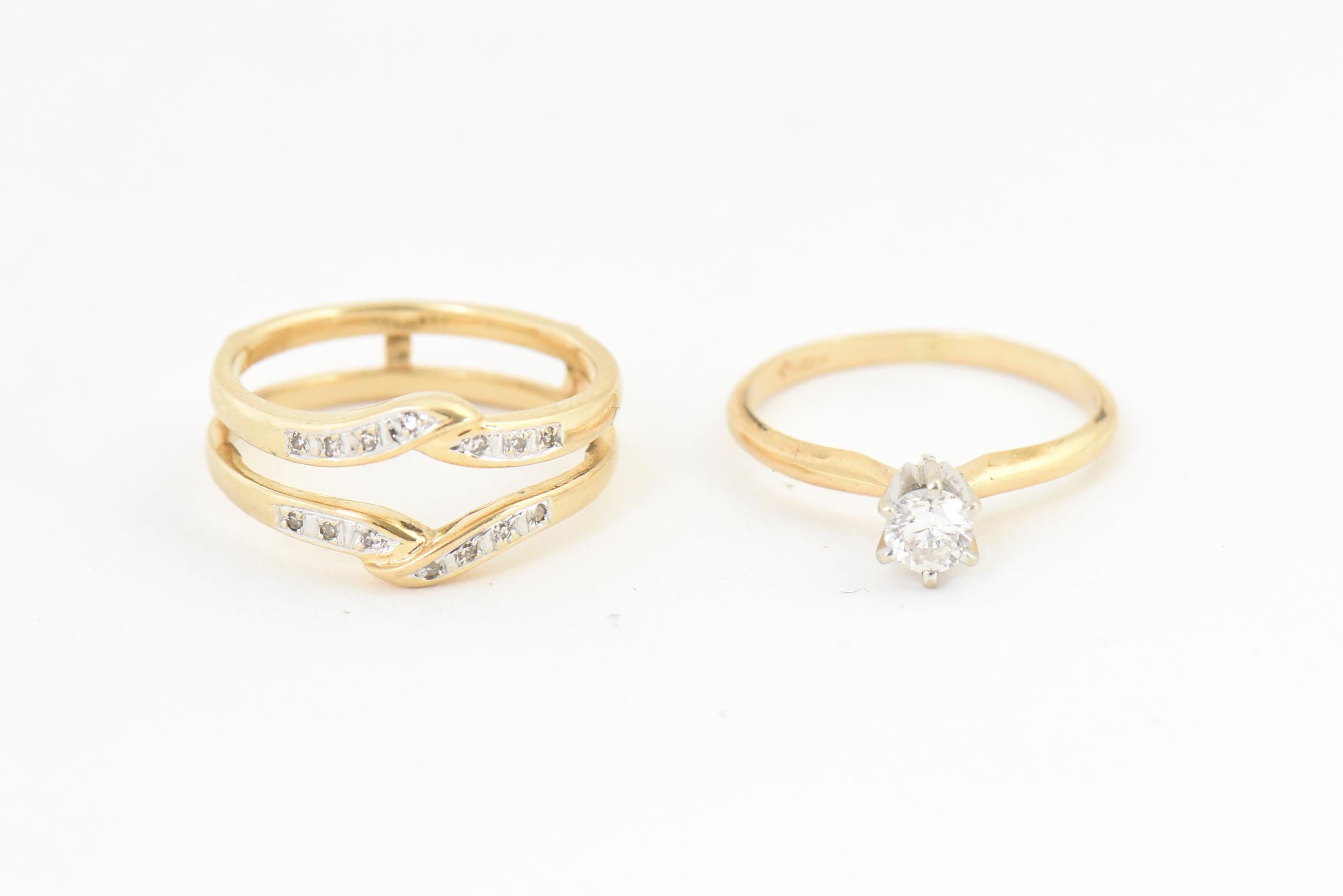 Diamant Solitär Gelbgold Verlobungsring und Käfigband-Set im Angebot 1