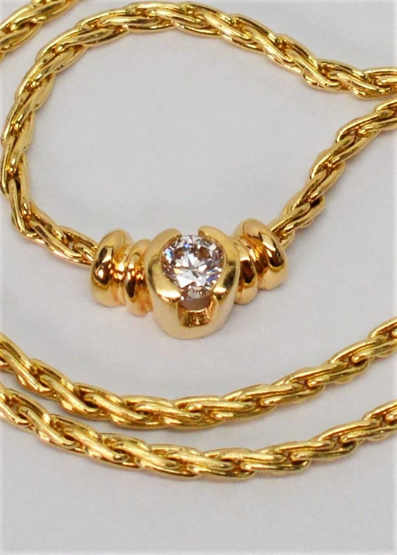Round Cut Diamond Solitaire Yellow Gold Wheat Chain Necklace For Sale