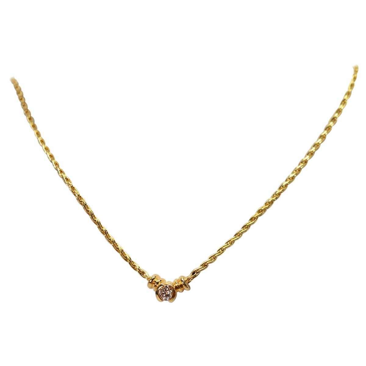Diamond Solitaire Yellow Gold Wheat Chain Necklace For Sale