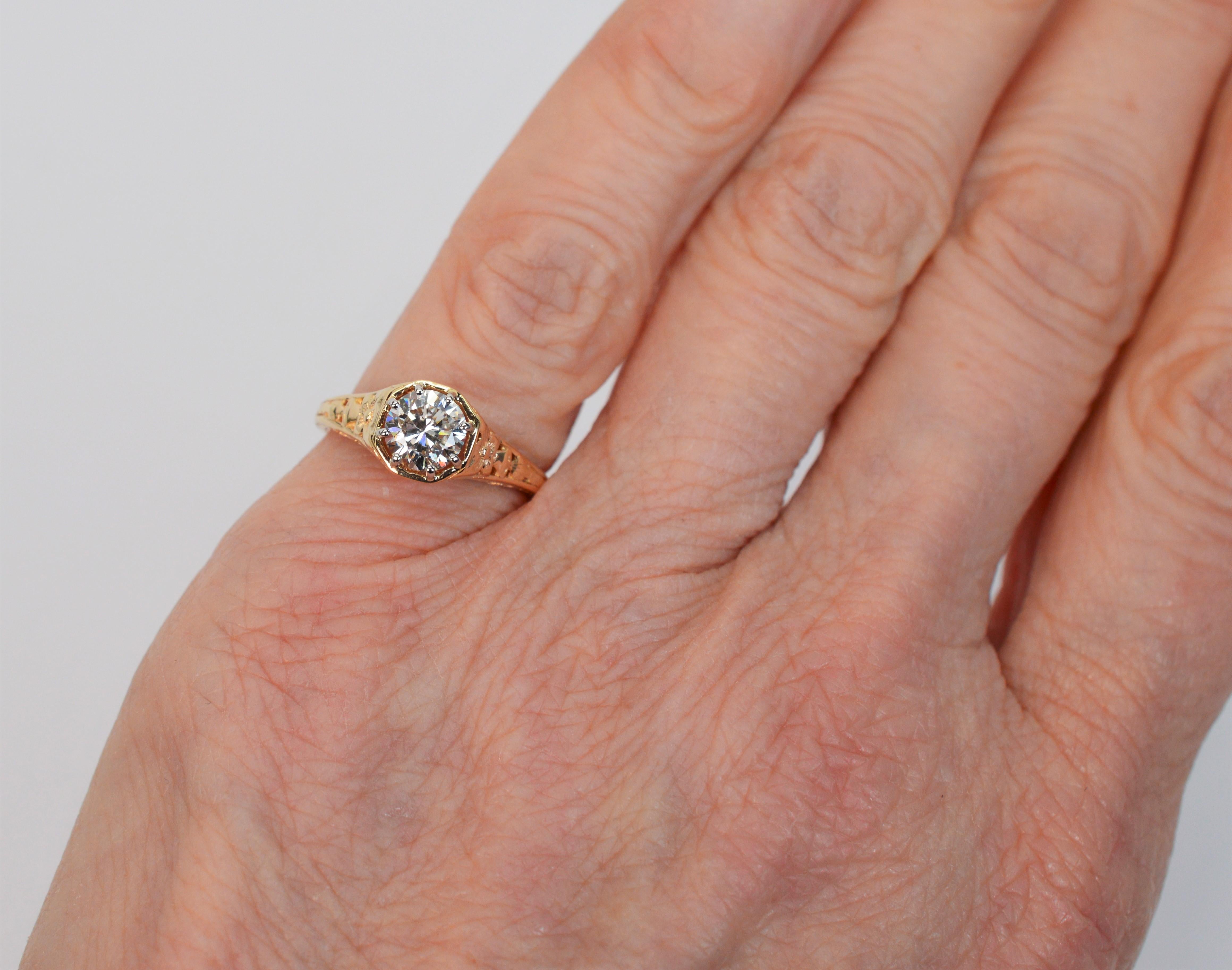 Diamant Solitare Antiker 14K Gelbgold Ring mit Diamant im Angebot 2