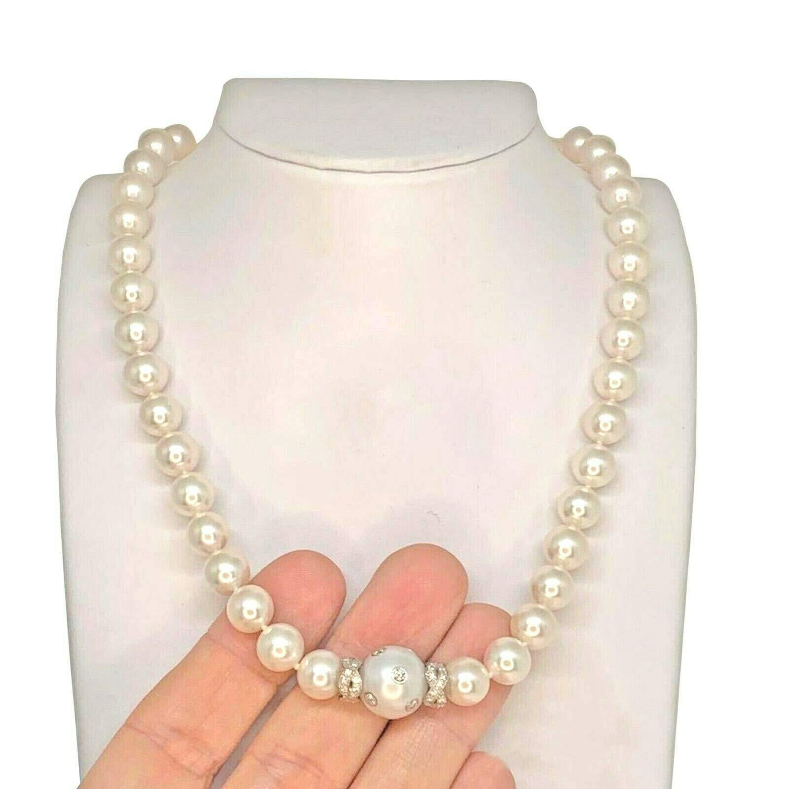 Round Cut Diamond South Sea Akoya Pearl Necklace 14k White Gold Certified For Sale