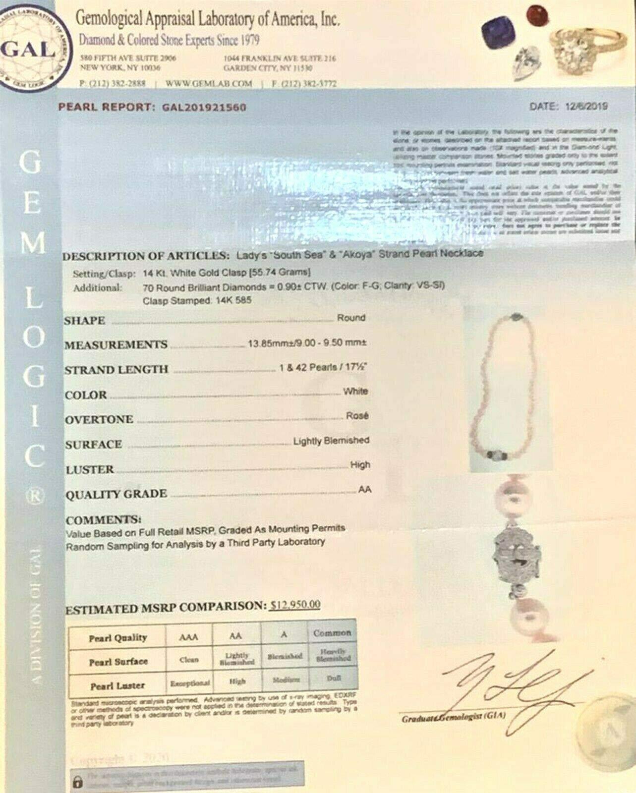 Collana di diamanti con perle Akoya dei mari del sud, oro bianco 14k certificato in vendita 1