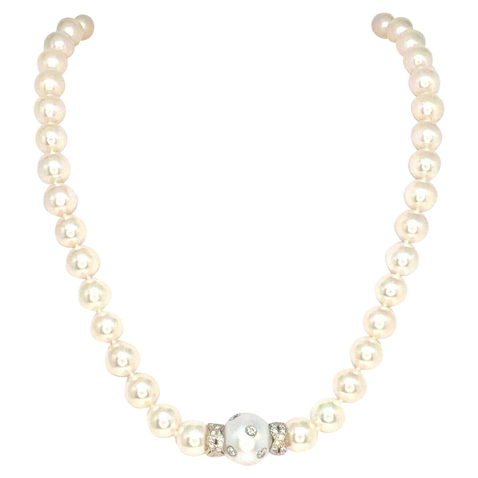 Diamond South Sea Akoya Pearl Necklace 14k White Gold Certified