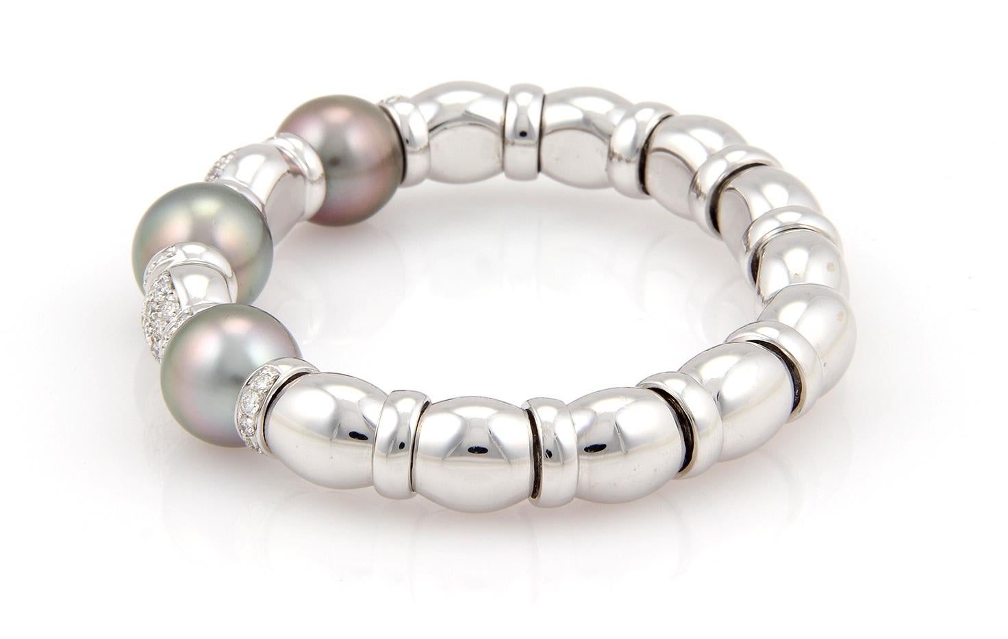 Brilliant Cut Diamond South Sea Grey Pearls 18k White Gold Fancy Cuff Bracelet For Sale