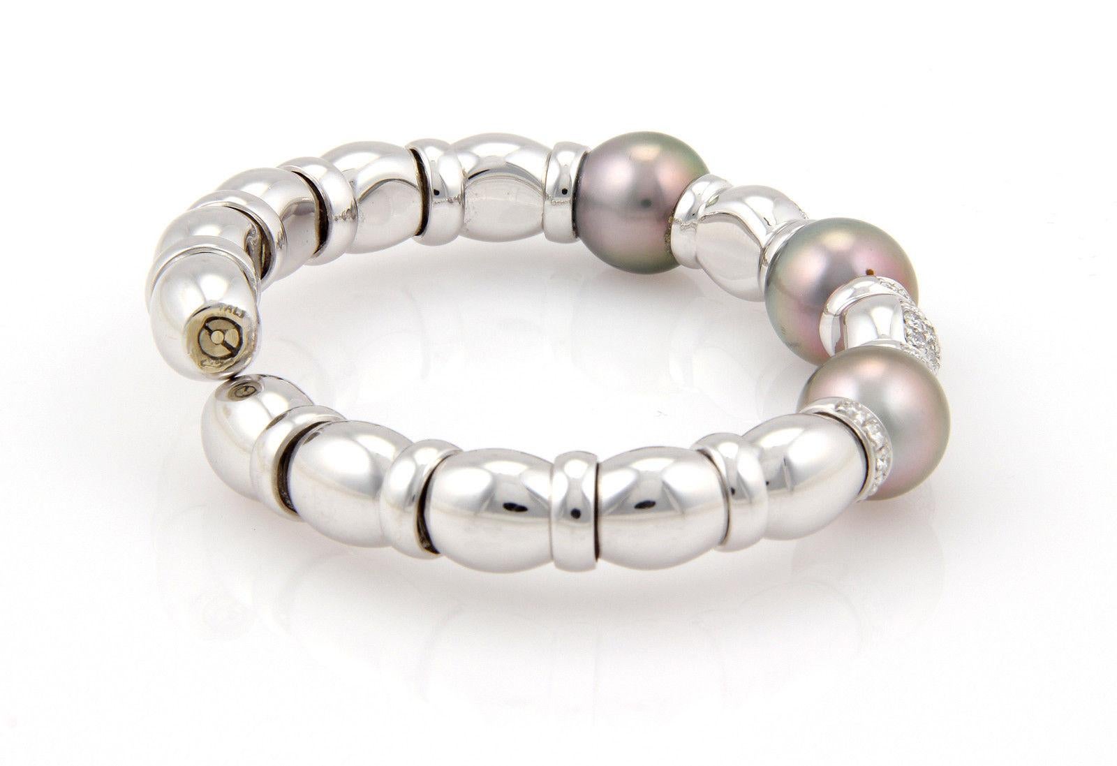 Women's or Men's Diamond South Sea Grey Pearls 18k White Gold Fancy Cuff Bracelet For Sale