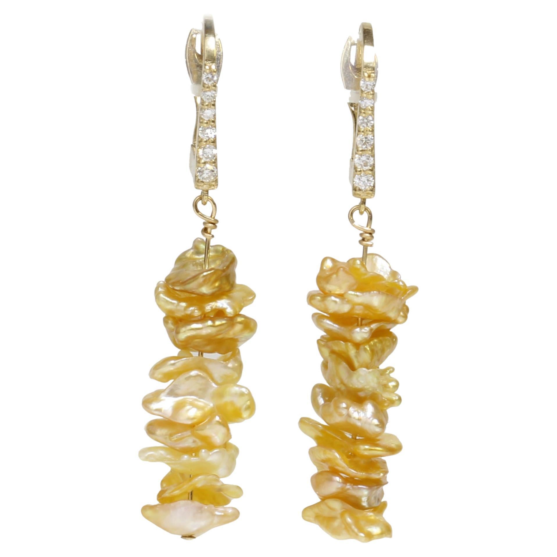 Diamond South Sea Keshi Baroque Pearl Earrings 14k Yellow Gold, Natural Golden