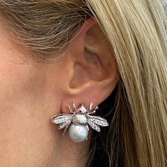 Diamond South Sea Pearl 18 Karat White Gold Bumblebee Earrings Omega Backs