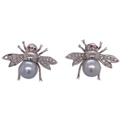 Diamond South Sea Pearl 18 Karat White Gold Bumblebee Earrings Omega Backs
