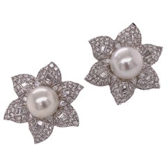 Diamond South Sea Pearl 18 Karat White Gold Floral Earrings