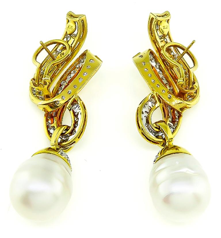 Round Cut Diamond South Sea Pearl Day and Night Gold Earrings
