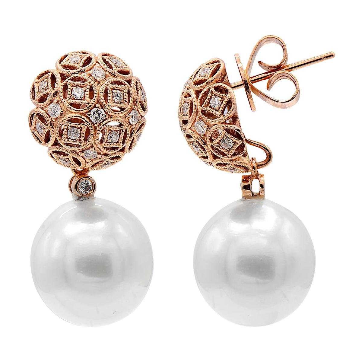 Diamond South Sea Pearl Drop Earrings 0.30 Carat 18 Karat Rose Gold For Sale
