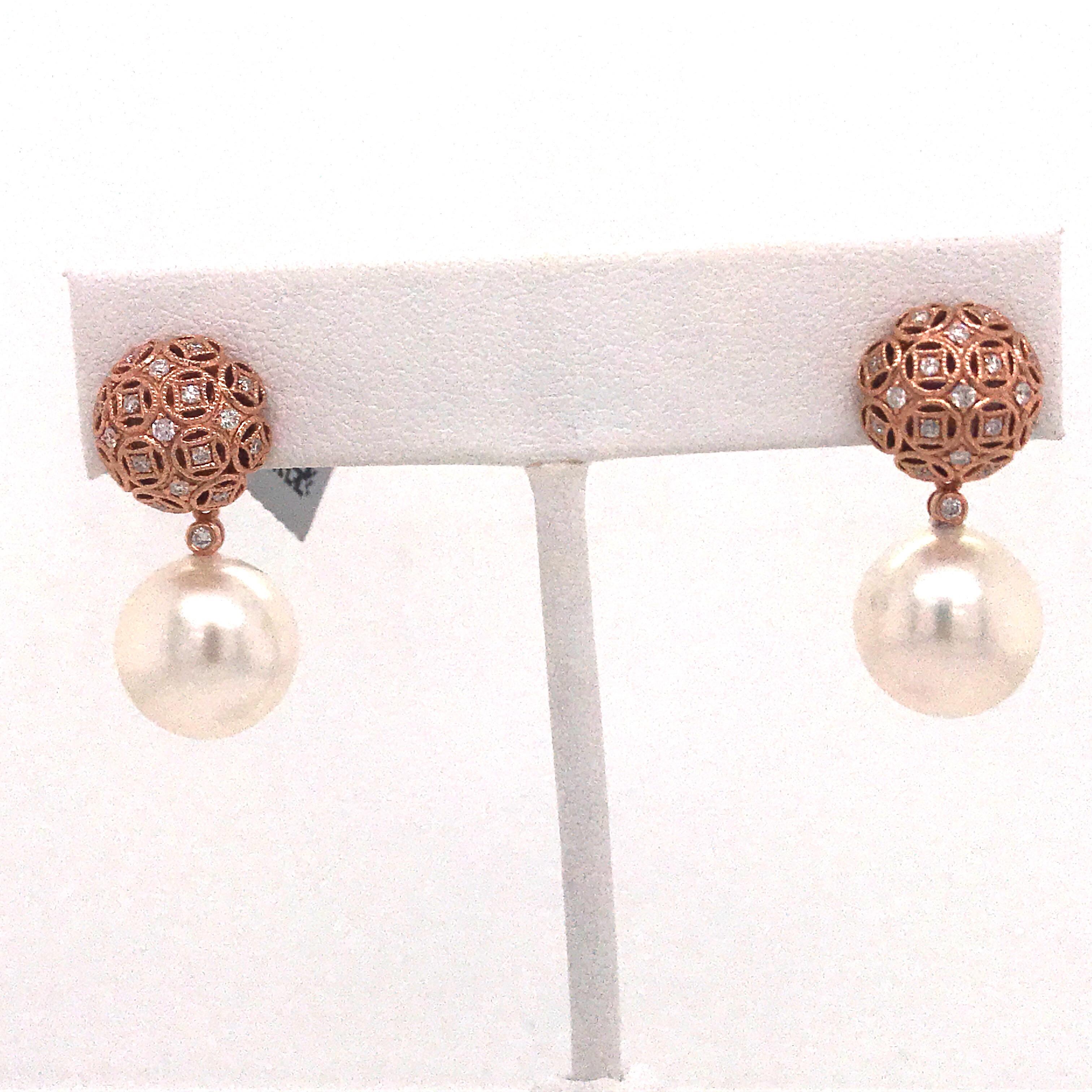 Contemporary Diamond South Sea Pearl Drop Earrings 0.30 Carat 18 Karat Rose Gold For Sale