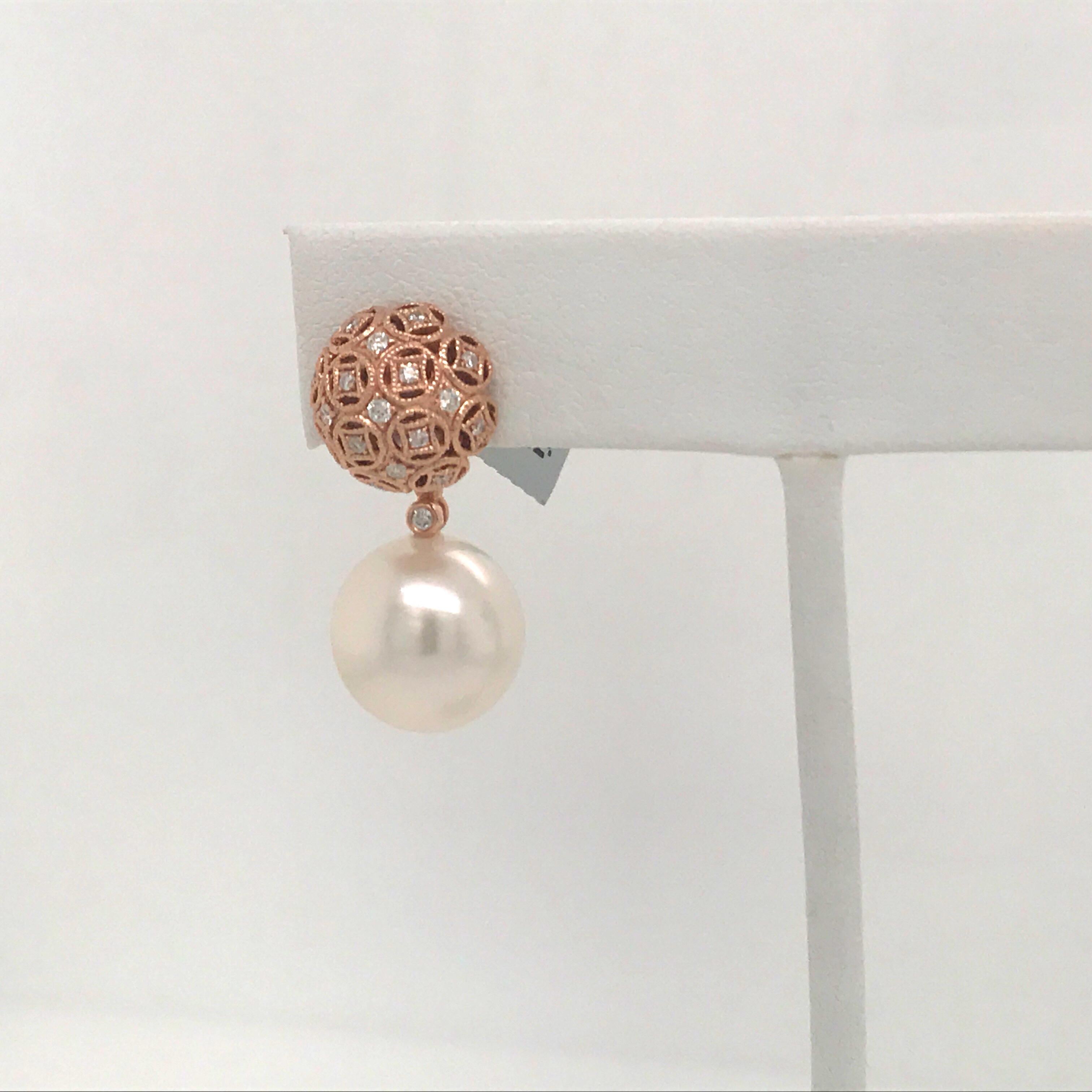 Diamond South Sea Pearl Drop Earrings 0.30 Carat 18 Karat Rose Gold In New Condition For Sale In New York, NY