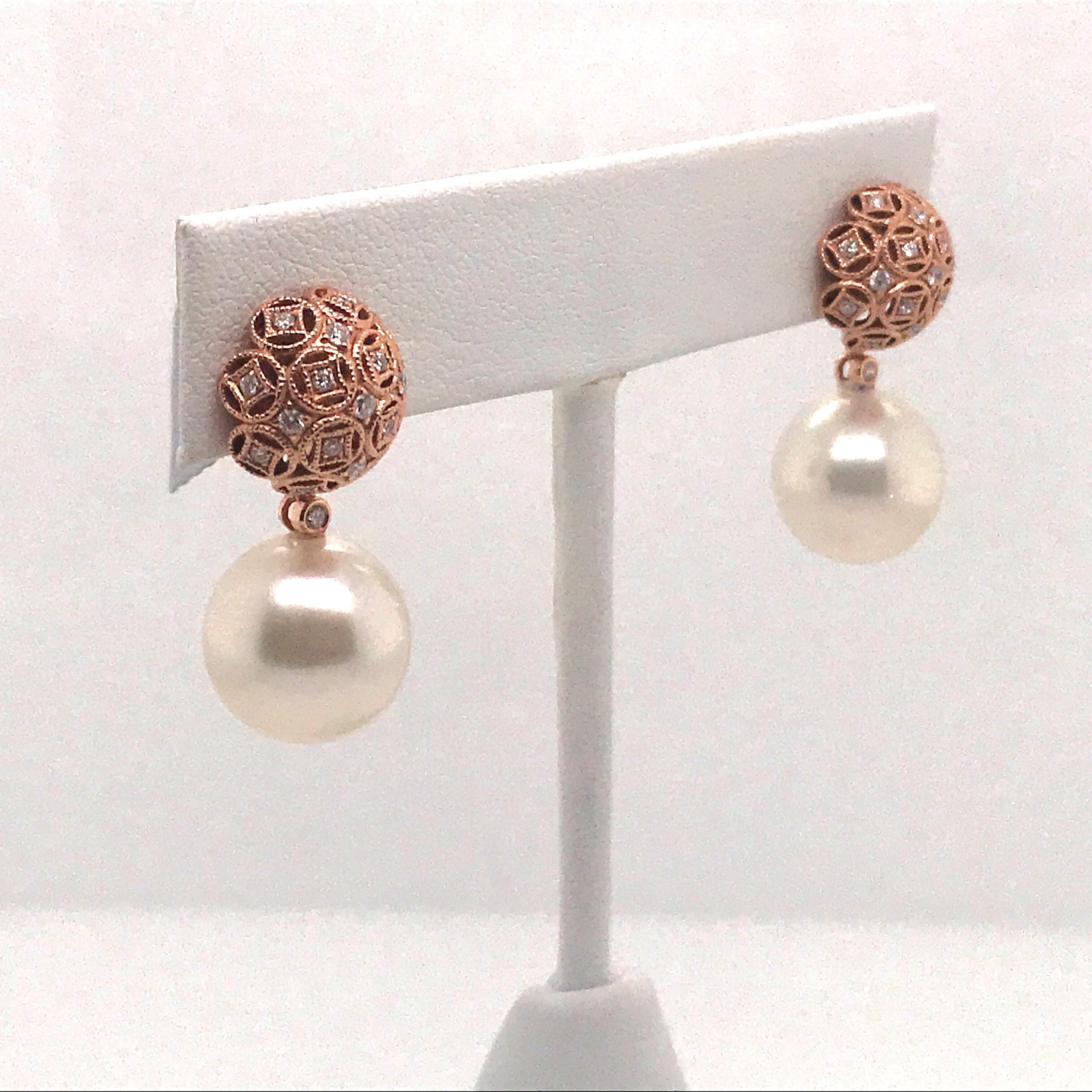 Women's Diamond South Sea Pearl Drop Earrings 0.30 Carat 18 Karat Rose Gold For Sale