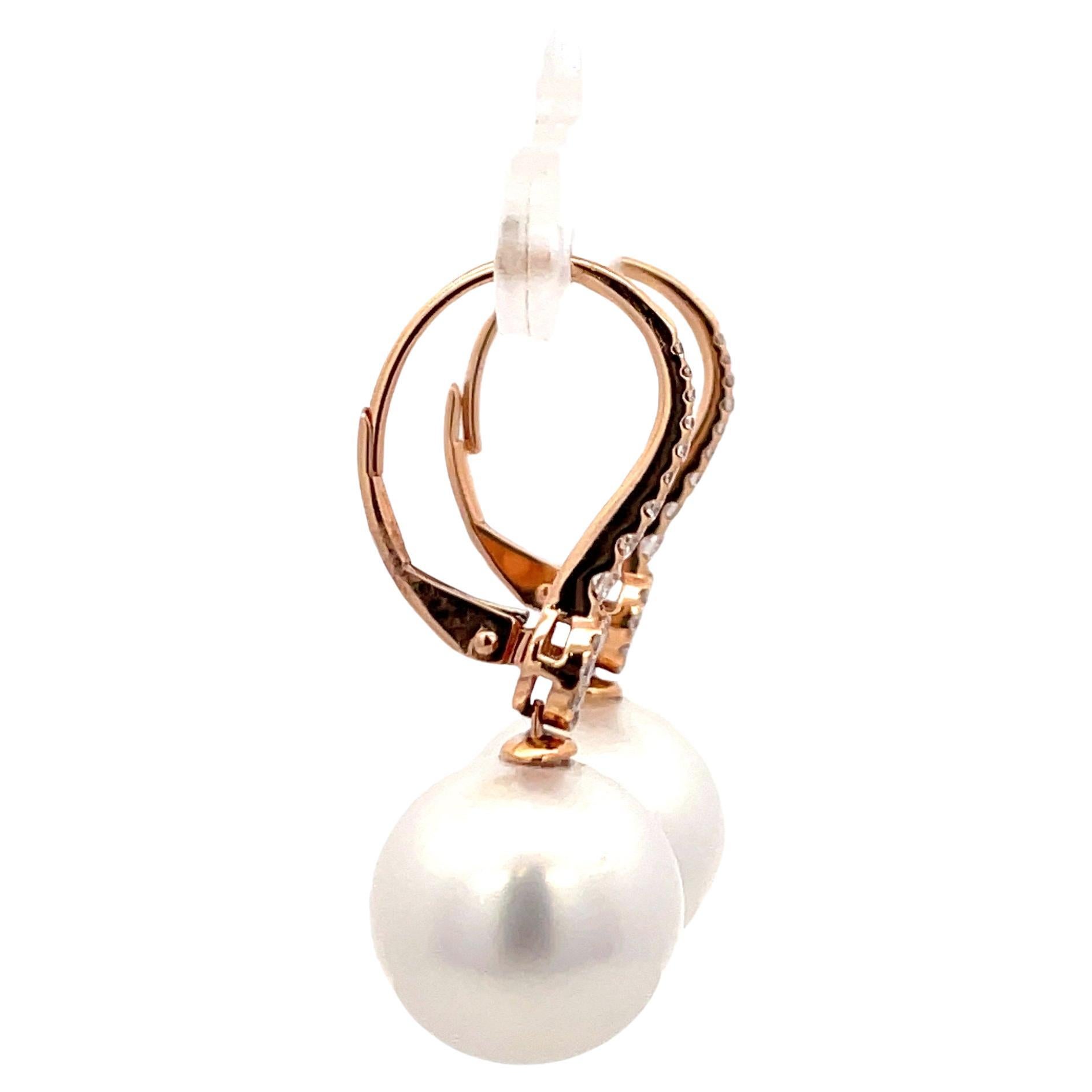 Contemporary Diamond South Sea Pearl Drop Earrings 0.37 Carats 11-12 MM 18 Karat Rose Gold For Sale