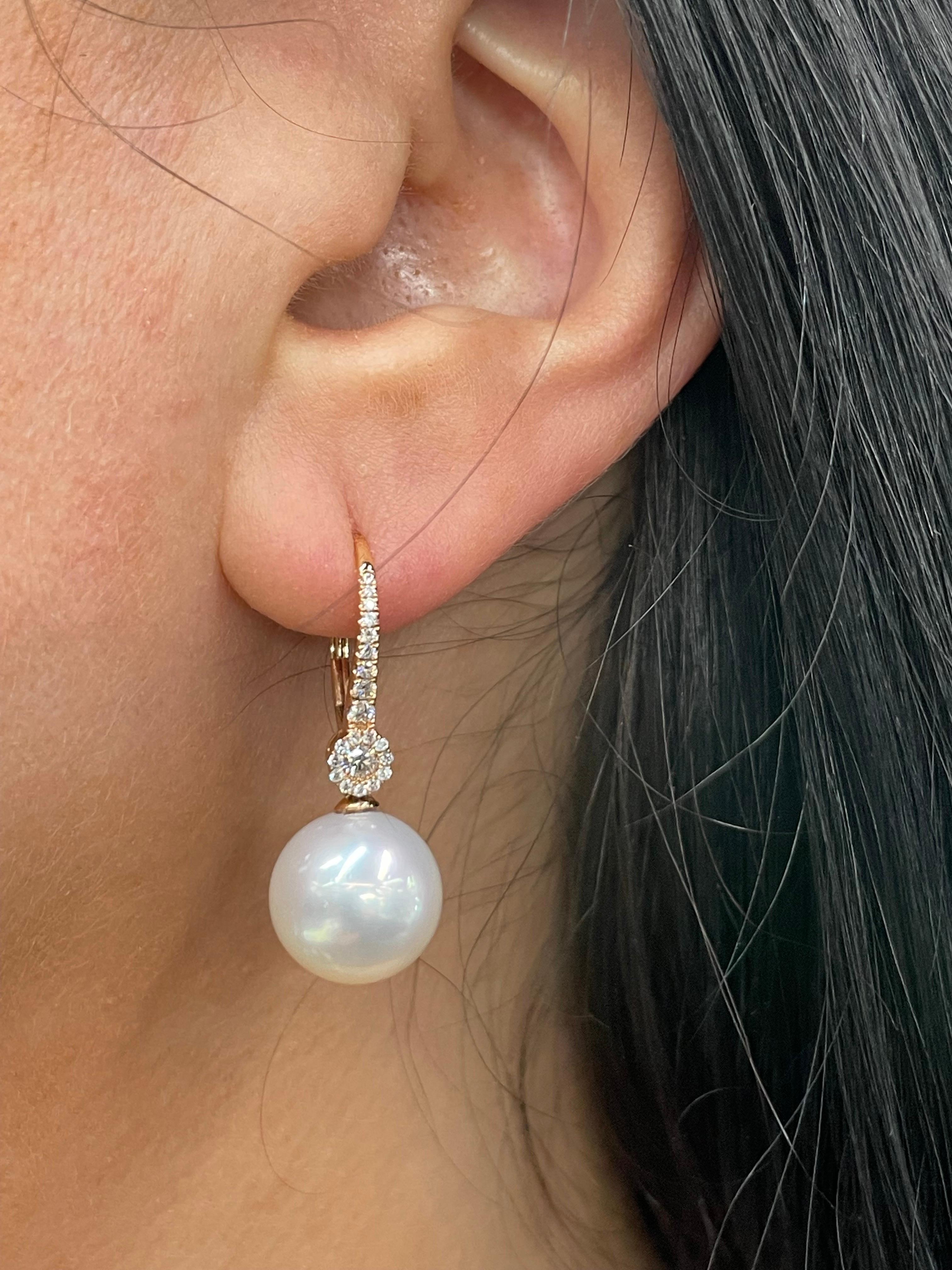 Round Cut Diamond South Sea Pearl Drop Earrings 0.37 Carats 11-12 MM 18 Karat Rose Gold For Sale