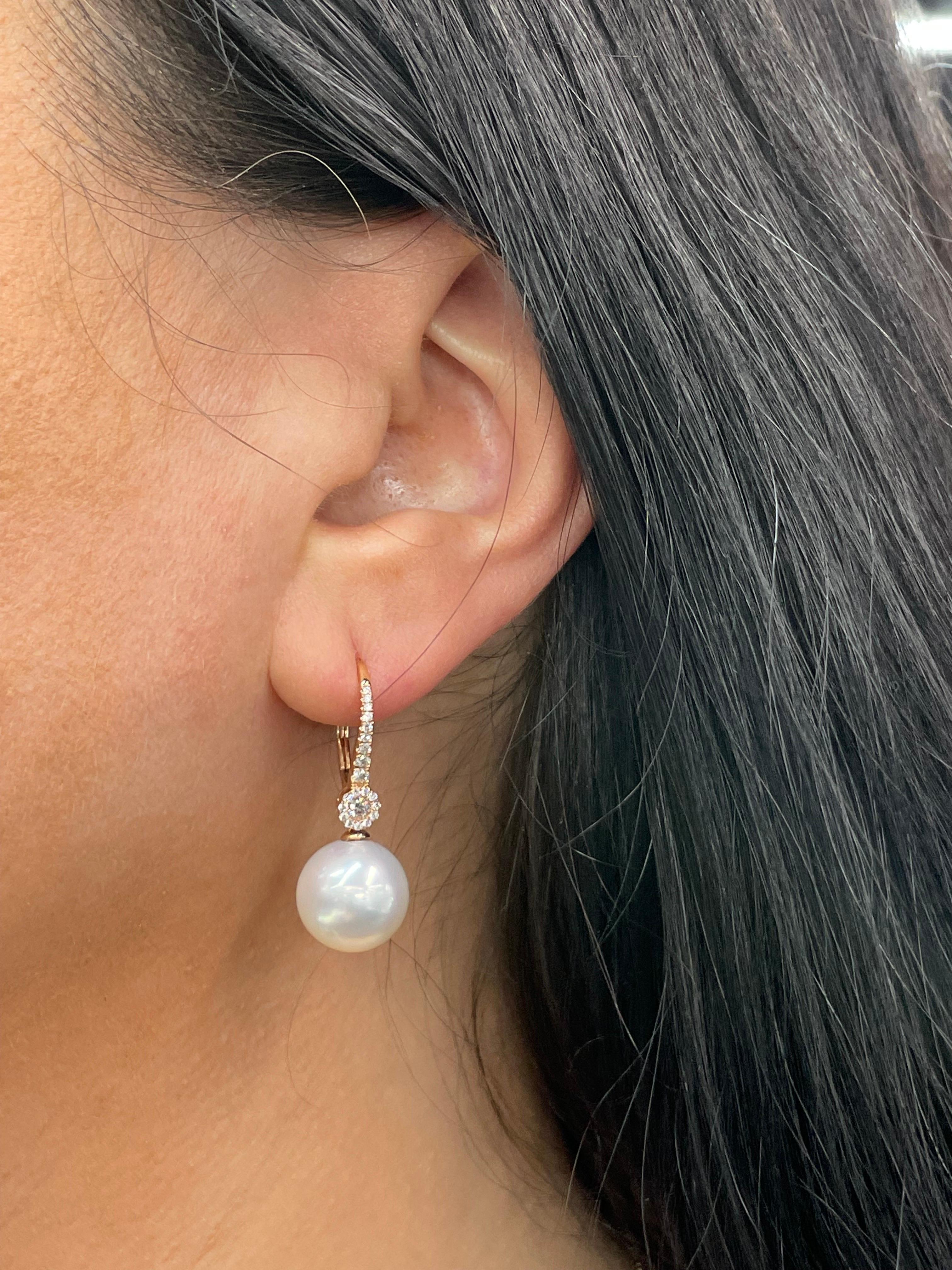 Diamond South Sea Pearl Drop Earrings 0.37 Carats 11-12 MM 18 Karat Rose Gold In New Condition For Sale In New York, NY