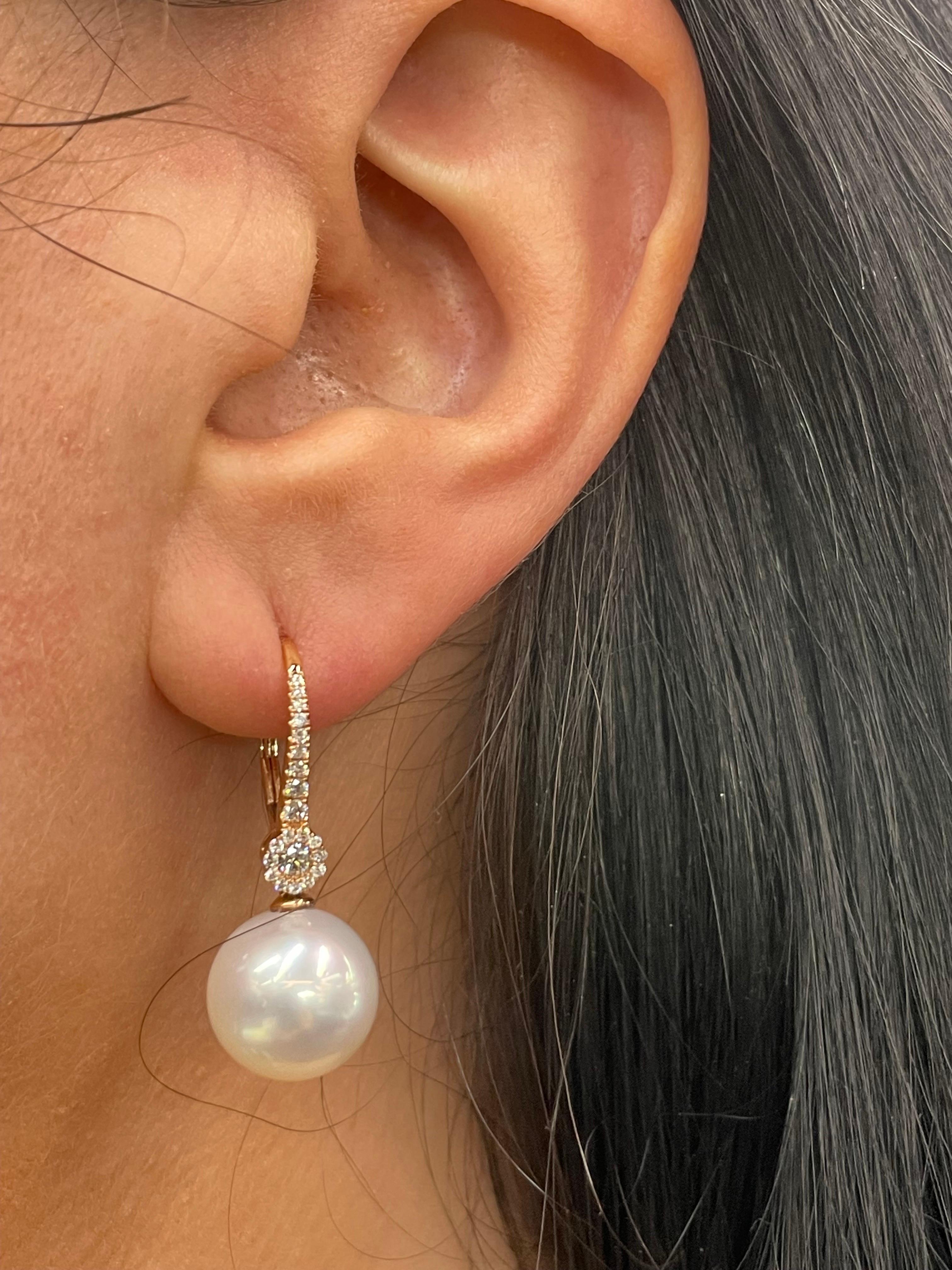Women's Diamond South Sea Pearl Drop Earrings 0.37 Carats 11-12 MM 18 Karat Rose Gold For Sale