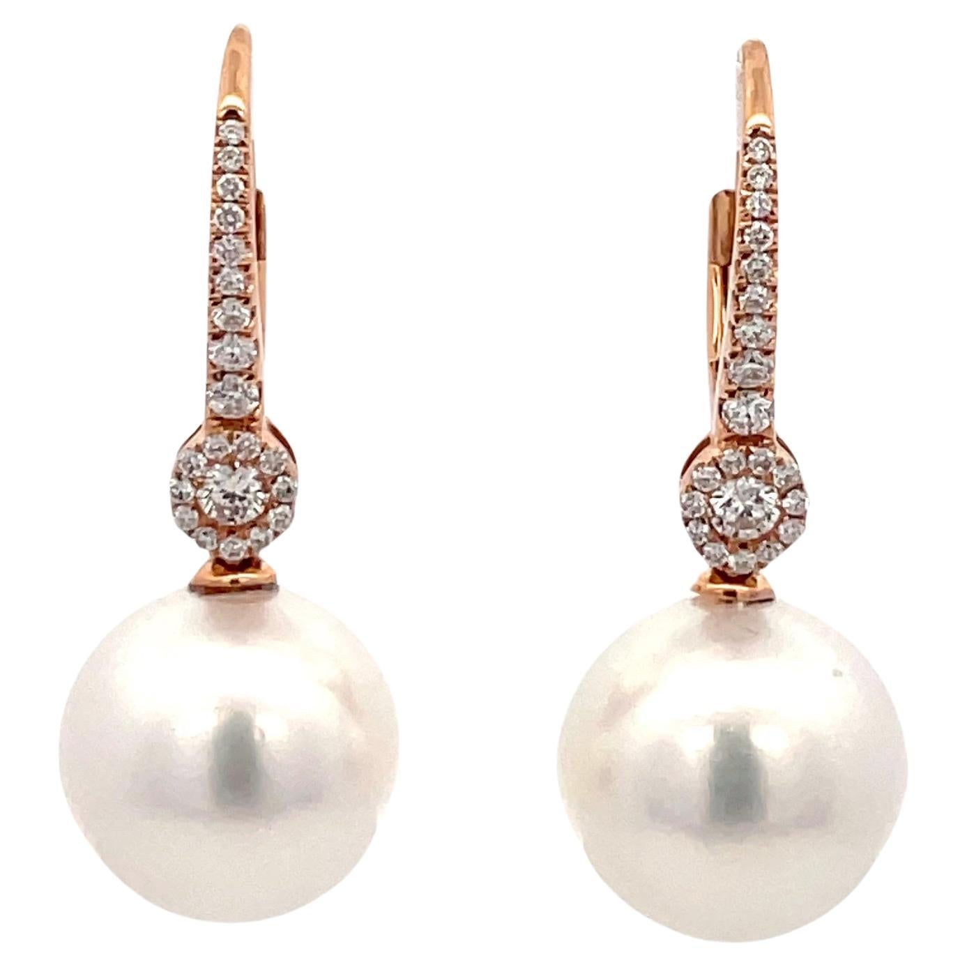 Diamond South Sea Pearl Drop Earrings 0.37 Carats 11-12 MM 18 Karat Rose Gold For Sale