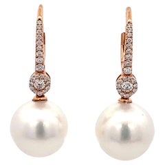 Antique Diamond South Sea Pearl Drop Earrings 0.37 Carats 11-12 MM 18 Karat Rose Gold