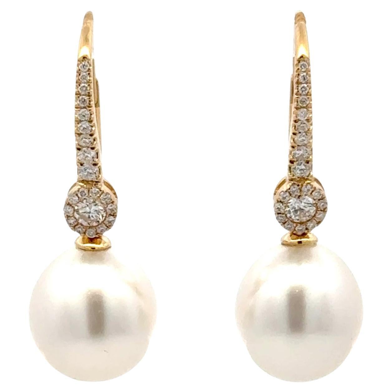 Diamond South Sea Pearl Drop Earrings 0.37 Carats 11-12 MM 18 Karat Yellow Gold