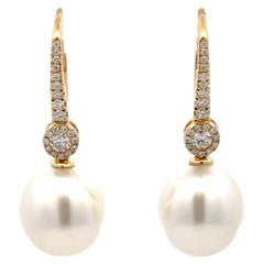 Diamond South Sea Pearl Drop Earrings 0.37 Carats 11-12 MM 18 Karat Yellow Gold