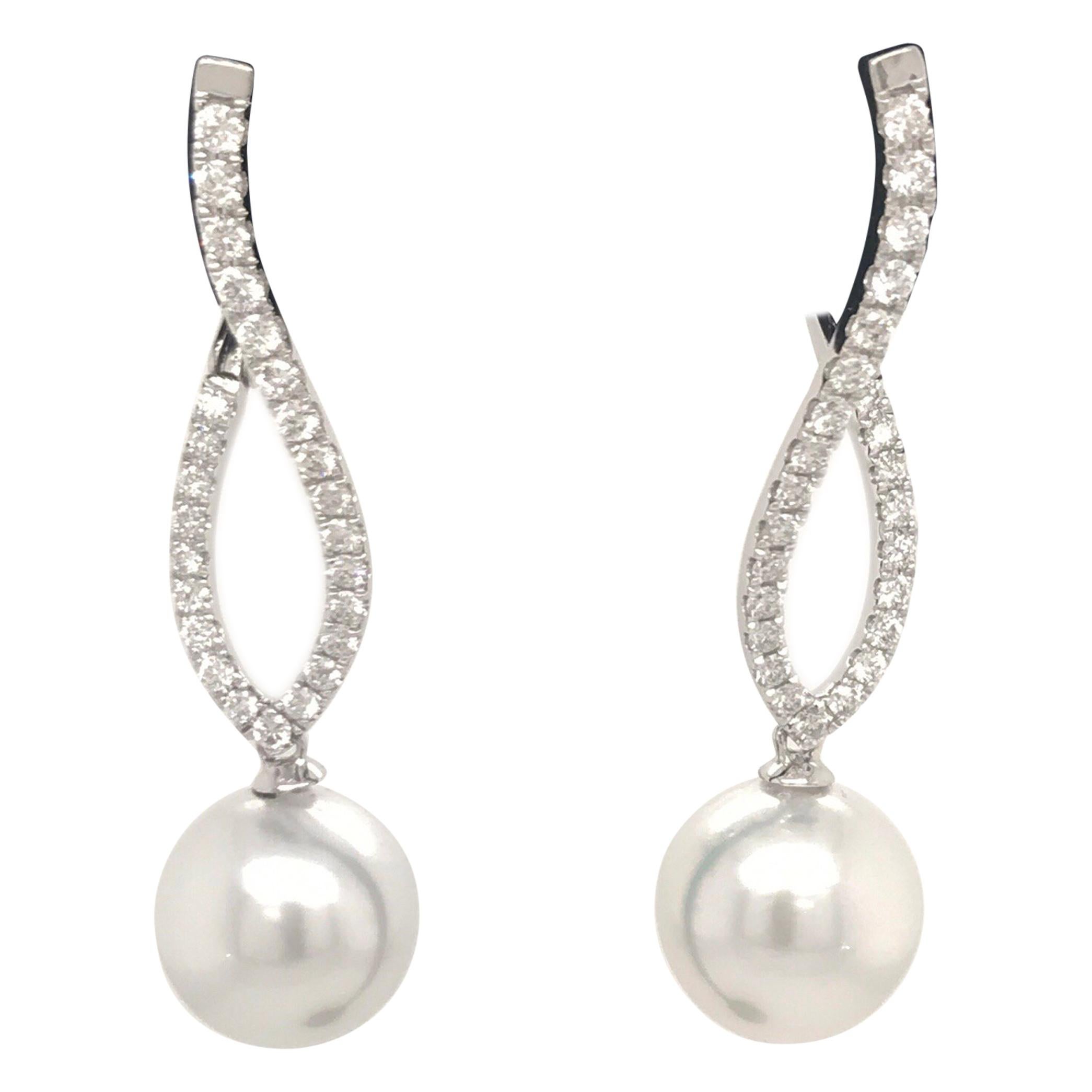 Diamond South Sea Pearl Drop Earrings 0.70 Carat 18 Karat For Sale
