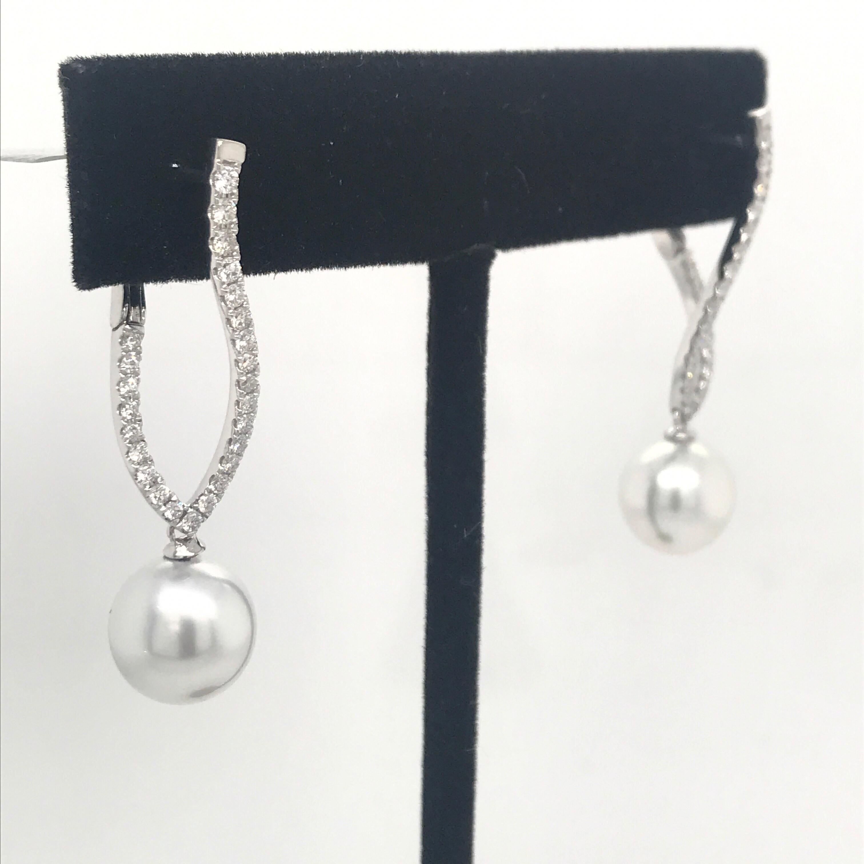 Round Cut Diamond South Sea Pearl Drop Earrings 0.70 Carat 18 Karat For Sale