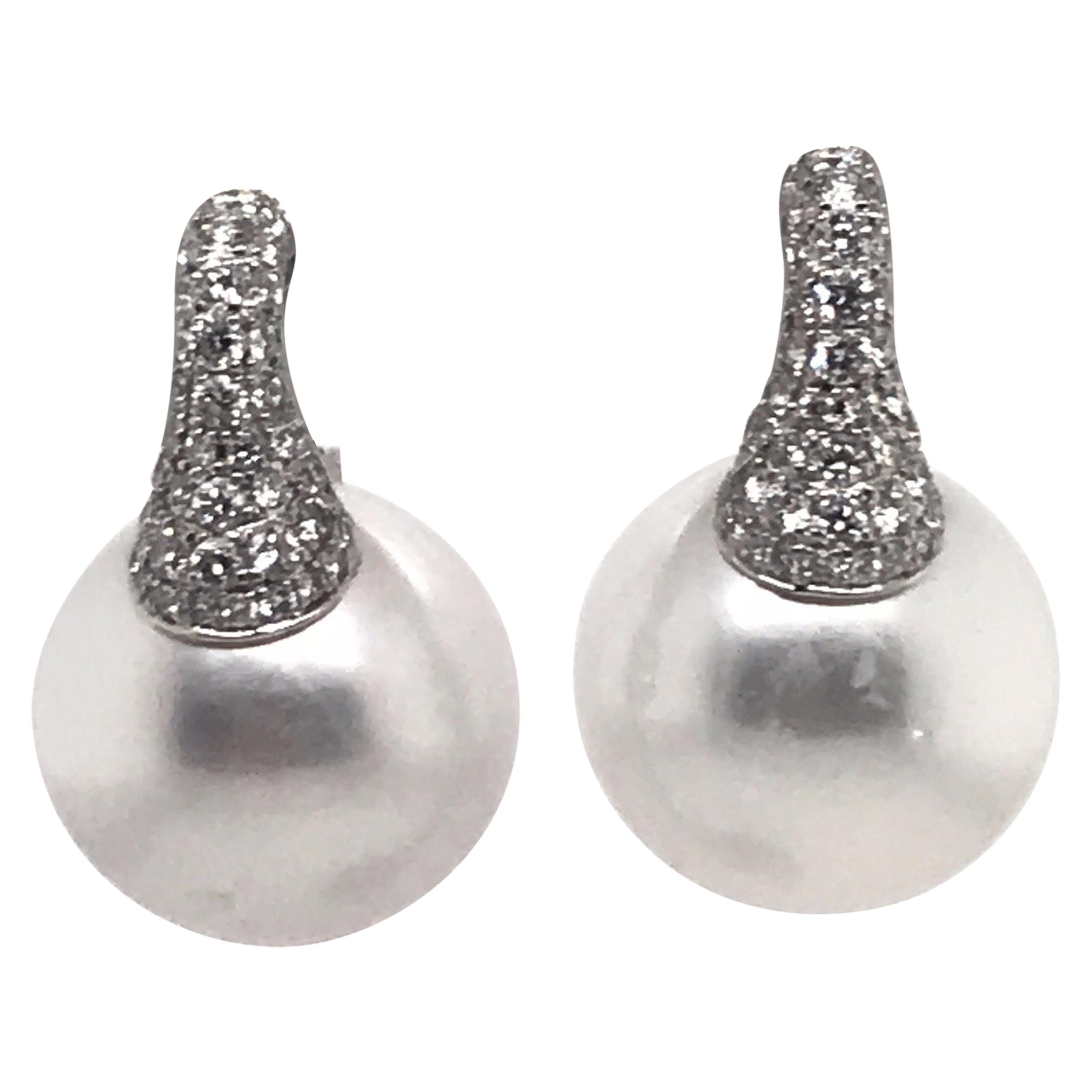 Diamond South Sea Pearl Drop Earrings 0.79 Carat 18 Karat White Gold