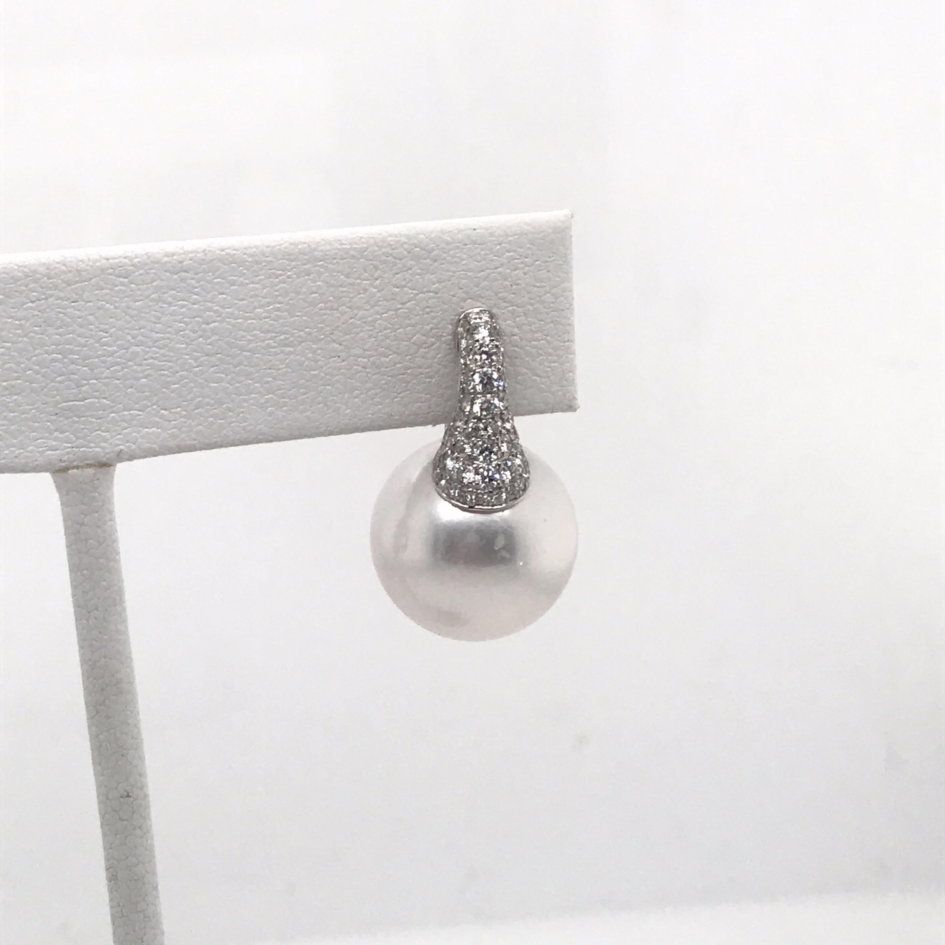 Contemporary Diamond South Sea Pearl Drop Earrings 0.79 Carat 18 Karat White Gold For Sale
