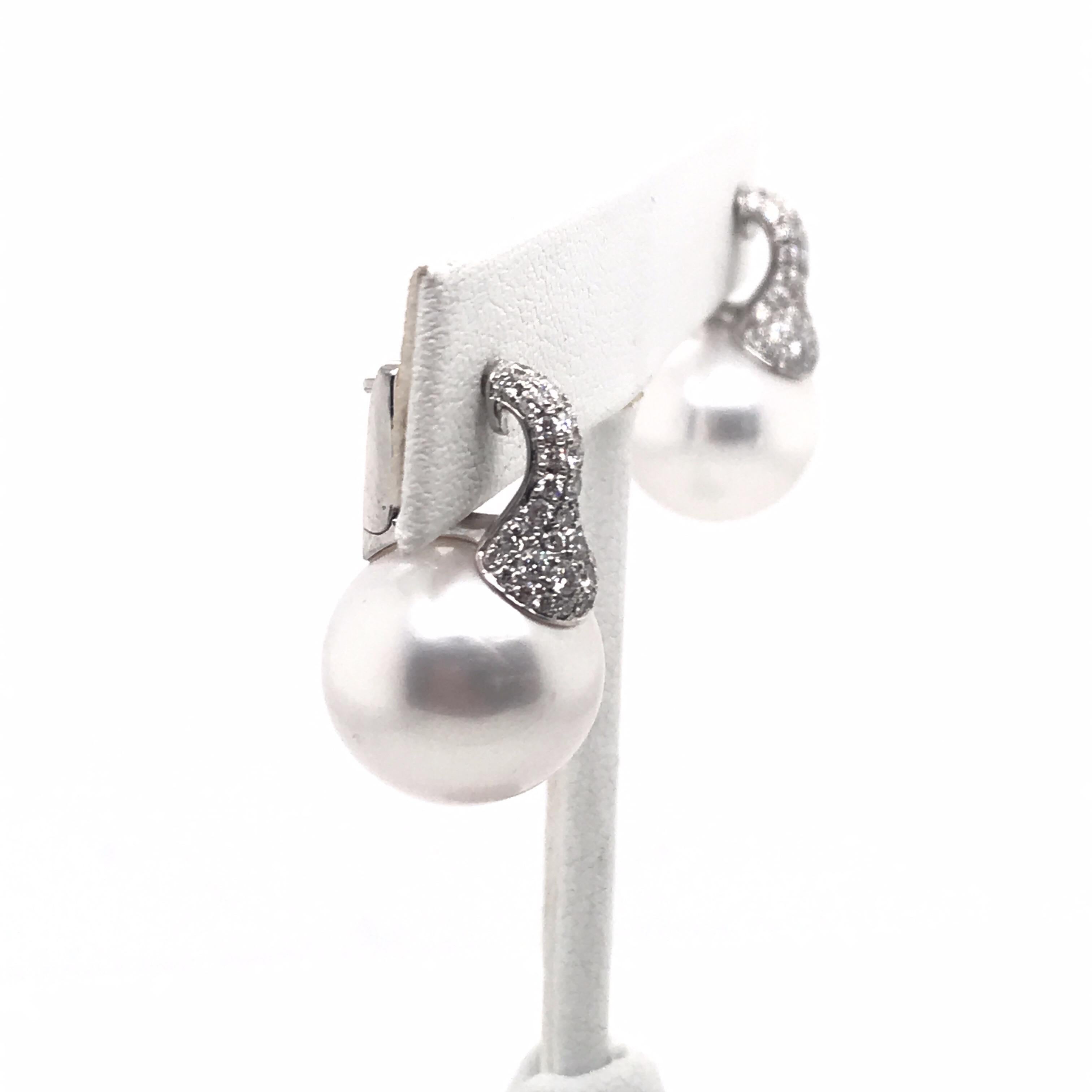Round Cut Diamond South Sea Pearl Drop Earrings 0.79 Carat 18 Karat White Gold For Sale