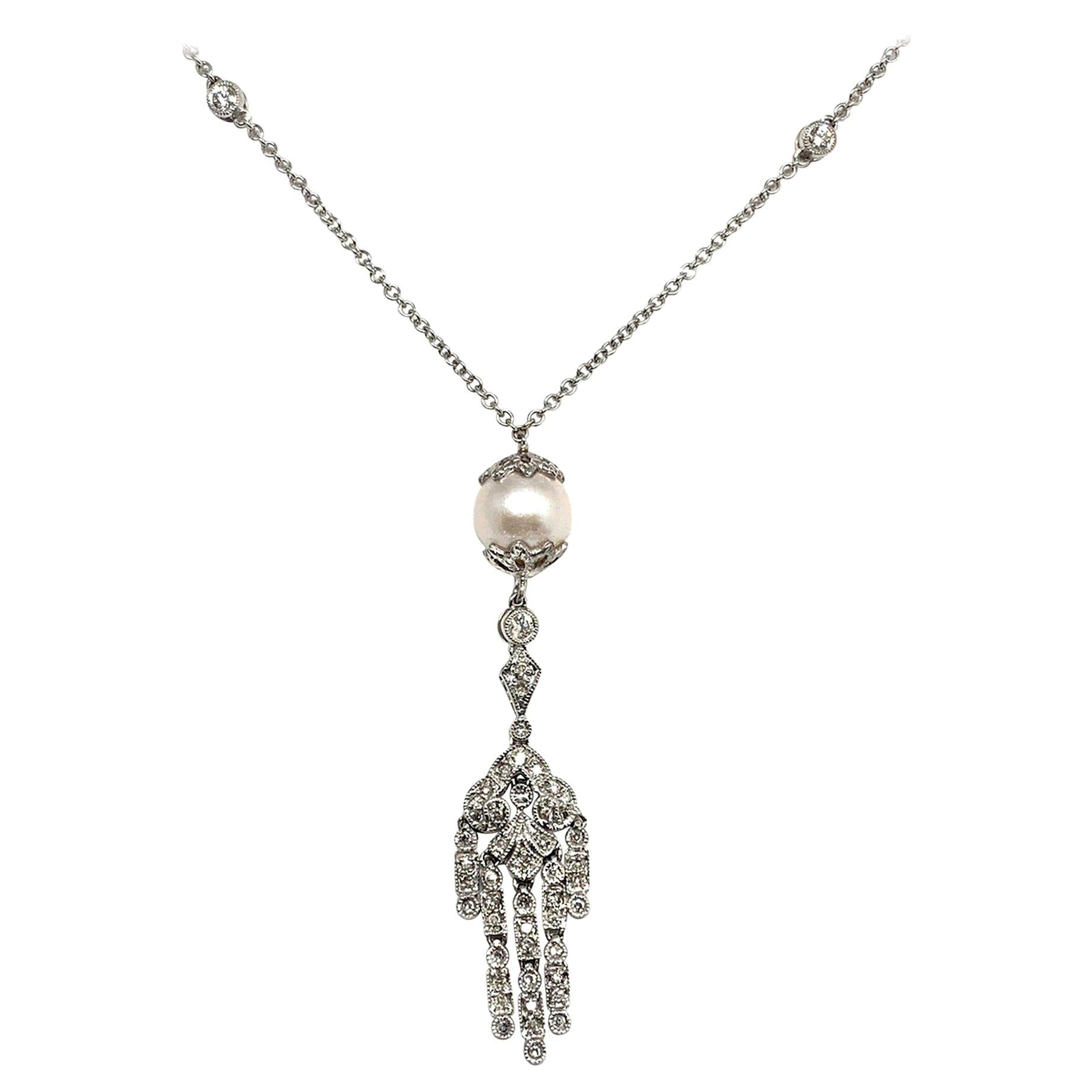 Diamond South Sea Pearl Drop Necklace 14k White Gold Certified For Sale