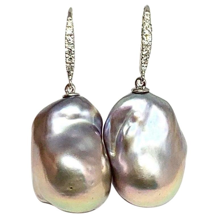 Diamond South Sea Pearl Earrings 14 Karat Gold Certified at 1stDibs