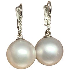 Diamond South Sea Pearl Earrings 14 Karat Gold Certified