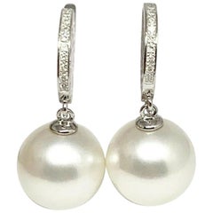 Diamond South Sea Pearl Earrings 14 Karat Gold Large Certified