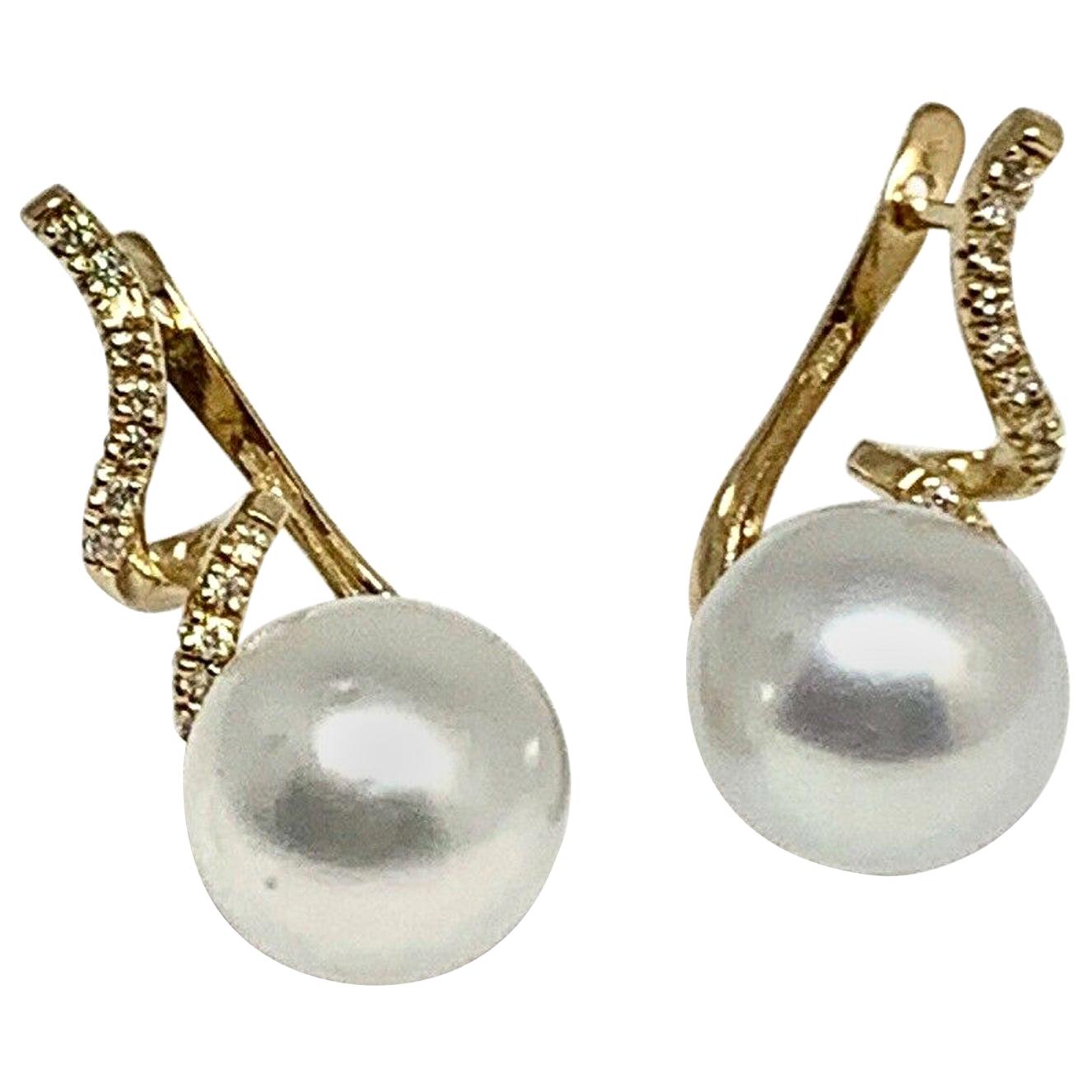 Diamond South Sea Pearl Earrings 14k Yellow Gold 0.13 TCW Certified