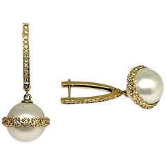 Diamond South Sea Pearl Earrings 18k Gold Large Certified