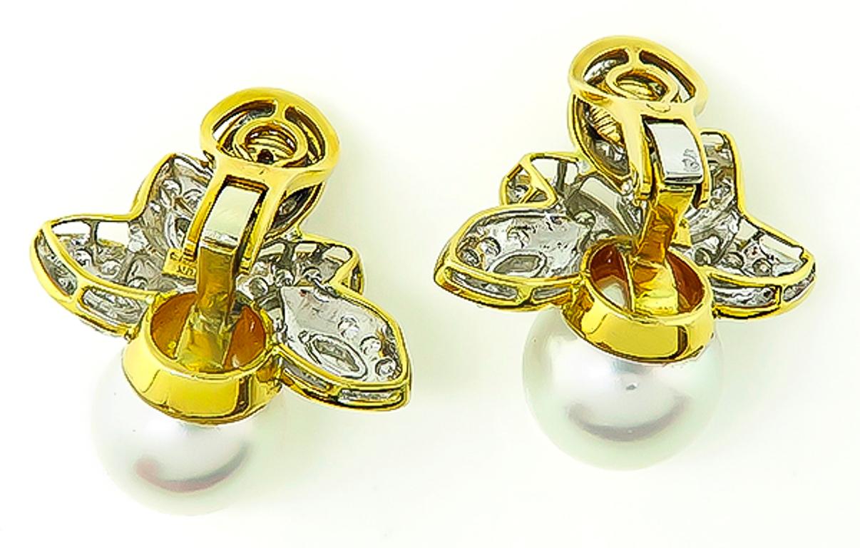 Diamond South Sea Pearl Gold Earrings In Good Condition In New York, NY