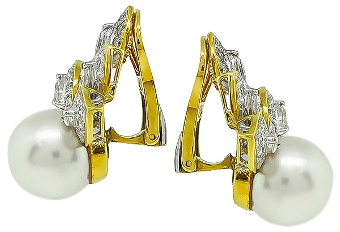 Women's or Men's Diamond South Sea Pearl Gold Earrings
