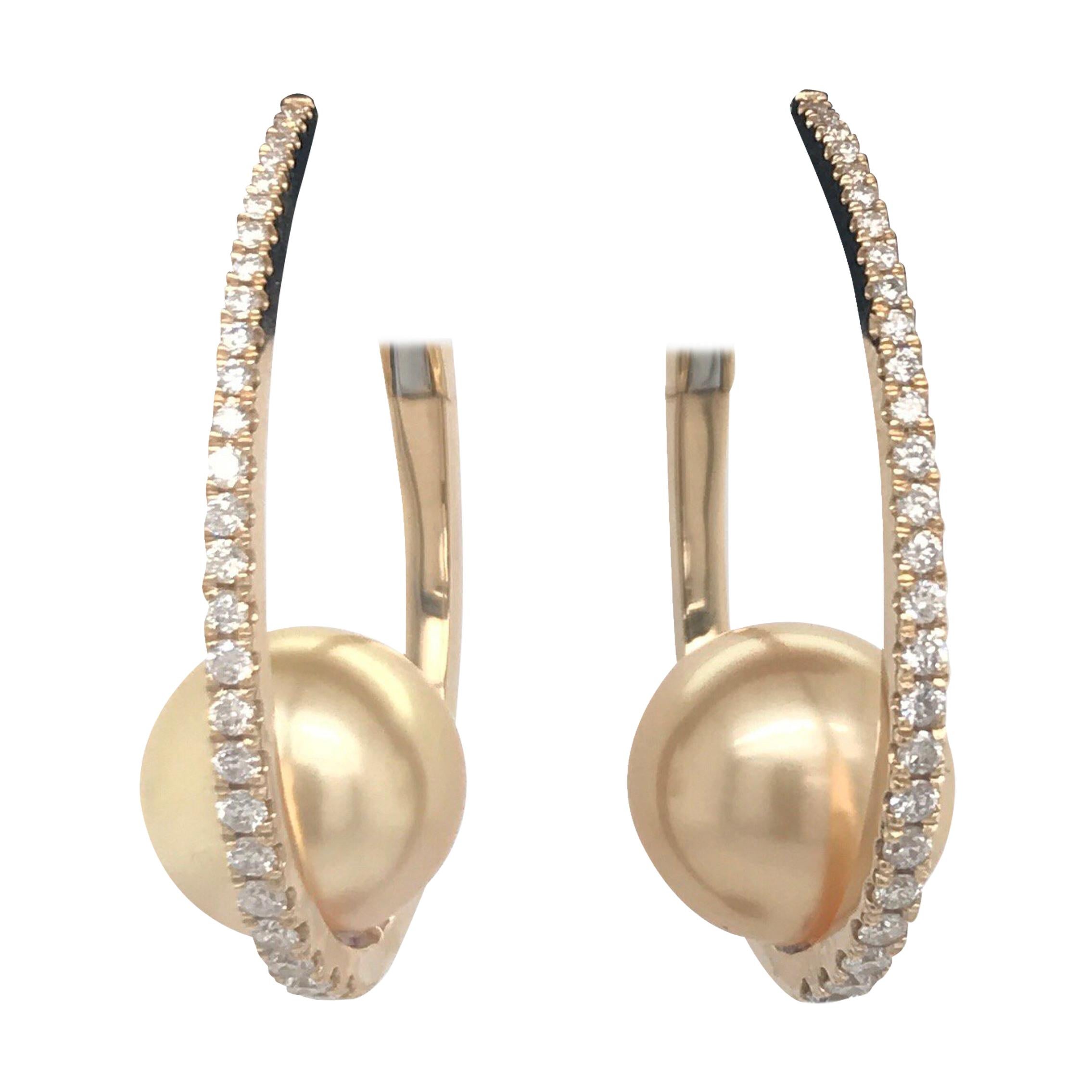 Golden South Sea Pearl Diamond Hoop Earrings 0.55 Carat 18 Karat Yellow Gold
