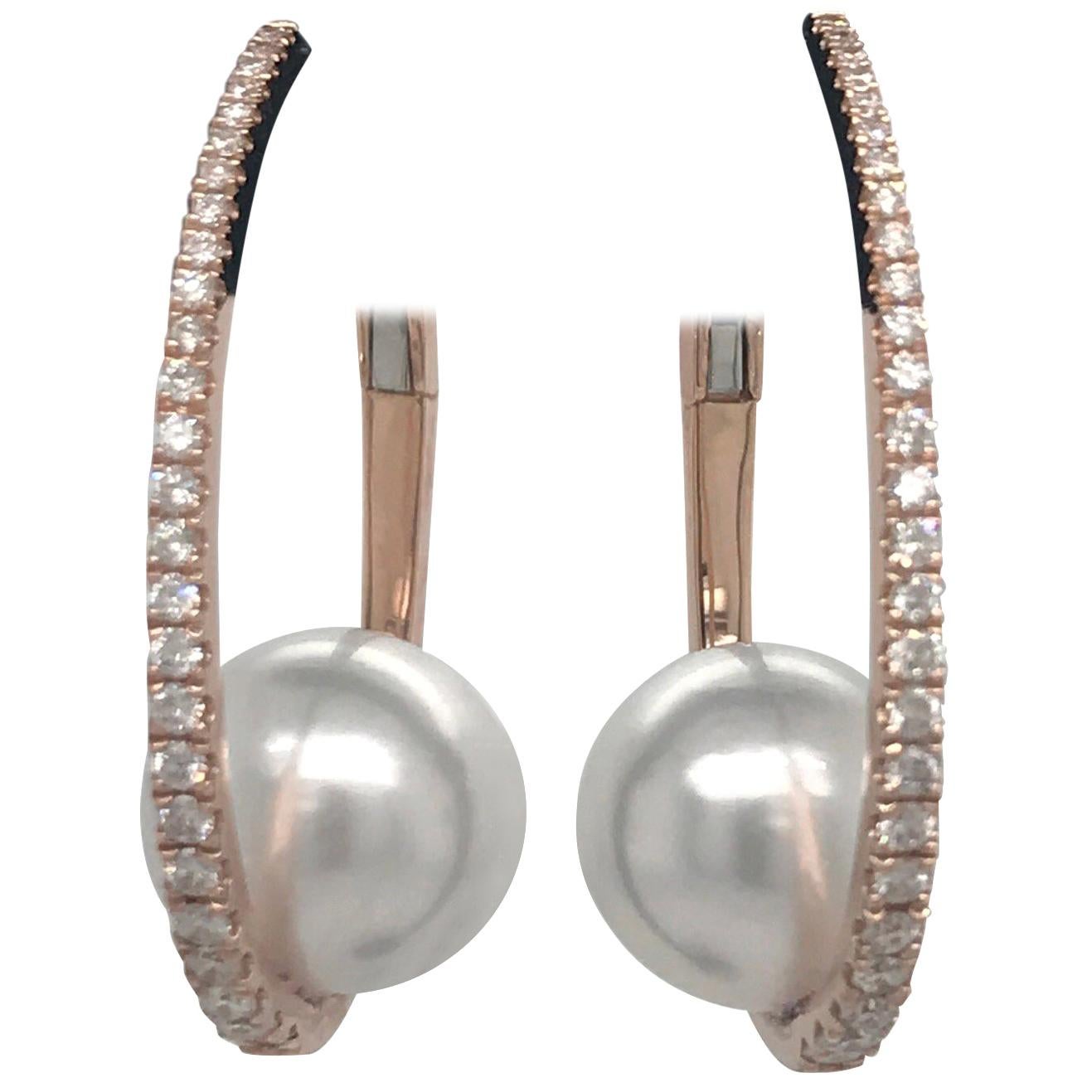 Diamond South Sea Pearl Hoop Earrings 0.55 Carat 18 Karat Rose Gold For Sale