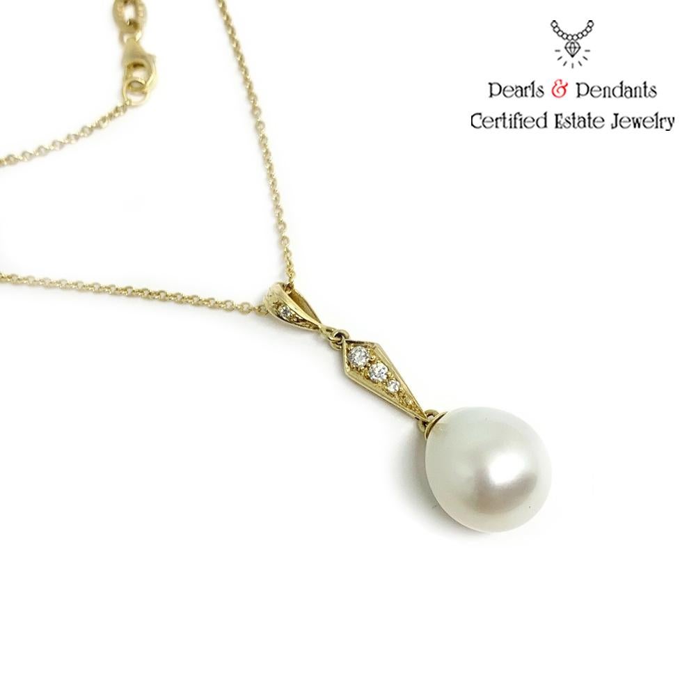 Round Cut Diamond South Sea Pearl Necklace 14k Gold Italy Certified For Sale