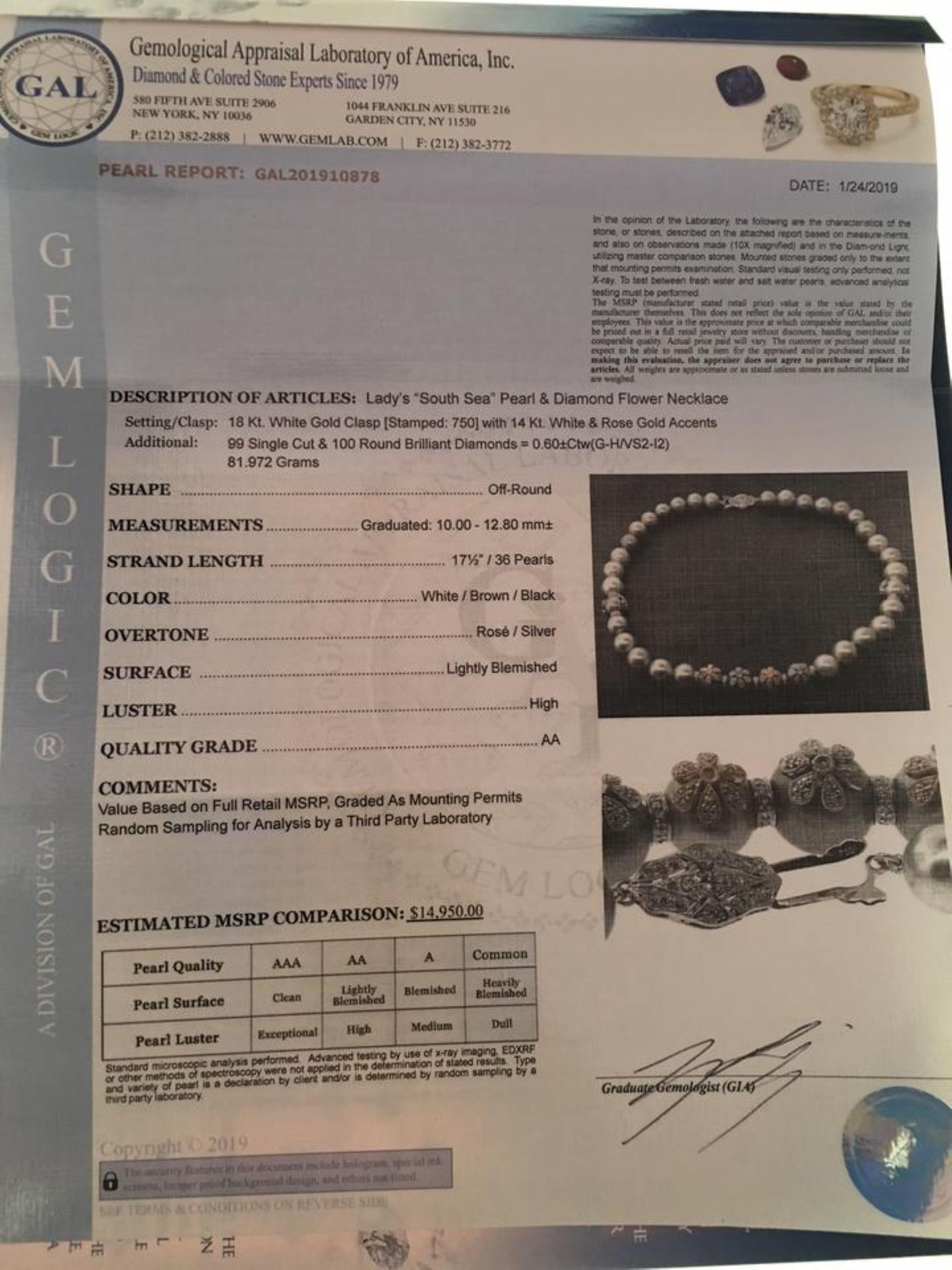 Collier de perles des mers du Sud en diamants de 12,8 mm certifiés en vente 3