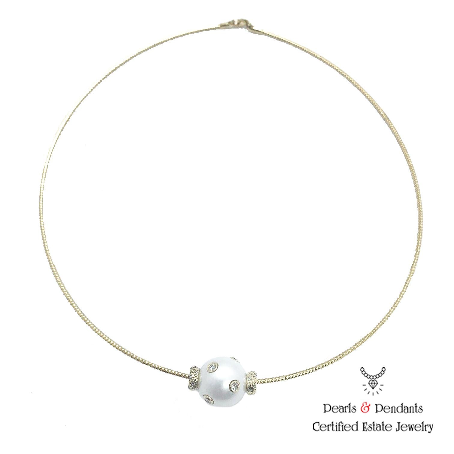 Modern Diamond South Sea Pearl Necklace 14k Gold 14k Gold Certified