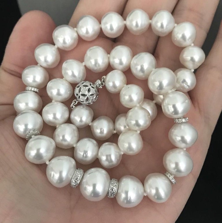 Diamond South Sea Pearl Necklace 14k Gold 13 mm Certified For Sale at ...