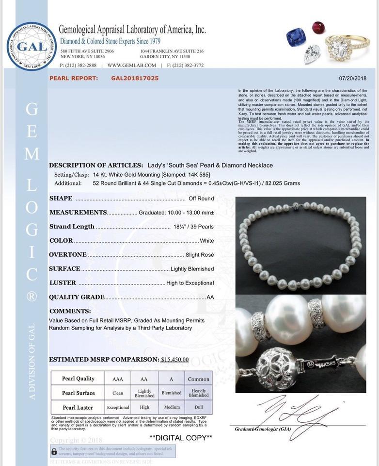 Diamond South Sea Pearl Necklace 14k Gold Certified For Sale 4