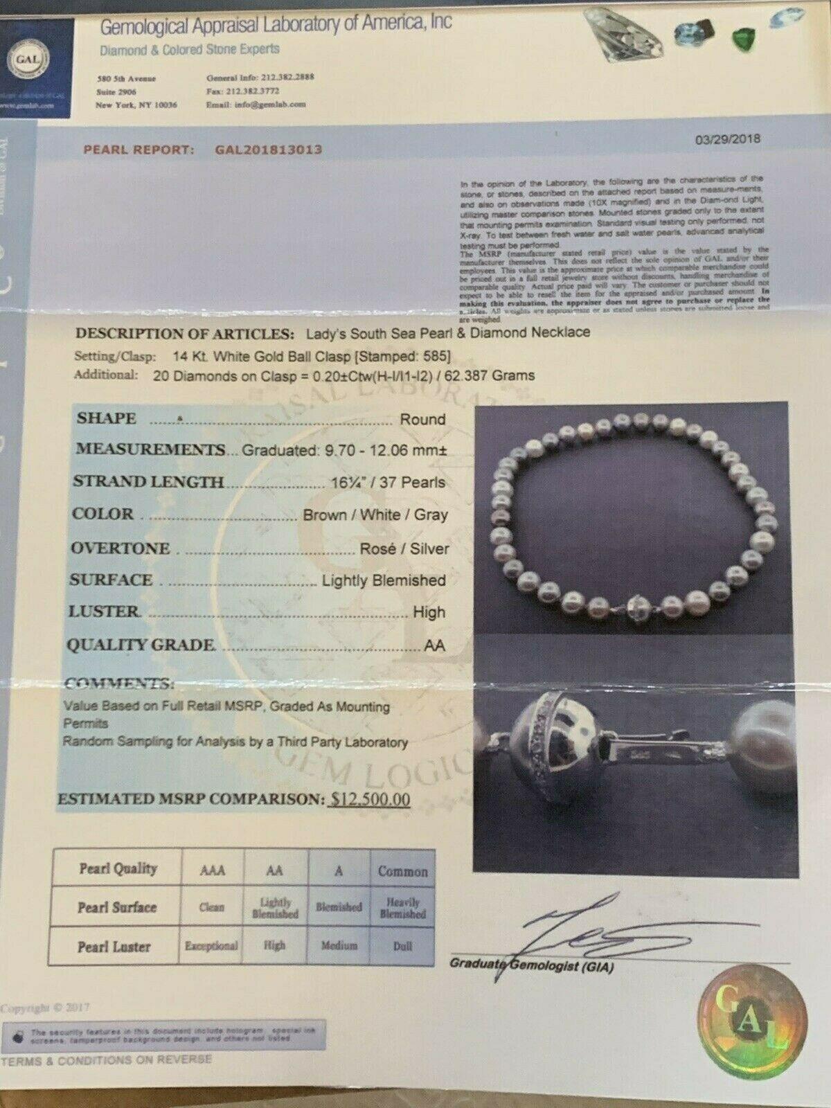 Diamond South Sea Pearl Necklace 14k Gold Certified For Sale 4
